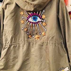 Custom Army olive green canvas cargo jacket with hood